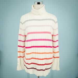 Talbots Plus Size 1X Ivory Cream Rainbow Stripe Ribbed Knit Turtleneck Sweater